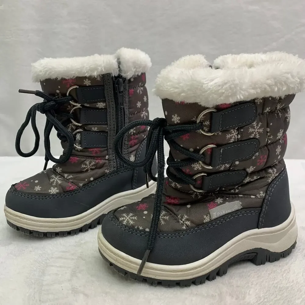 Toddler Girls Sz 8 US Snowflake Zip Up Winter Boots Gray Furry Lace Up Mid Calf